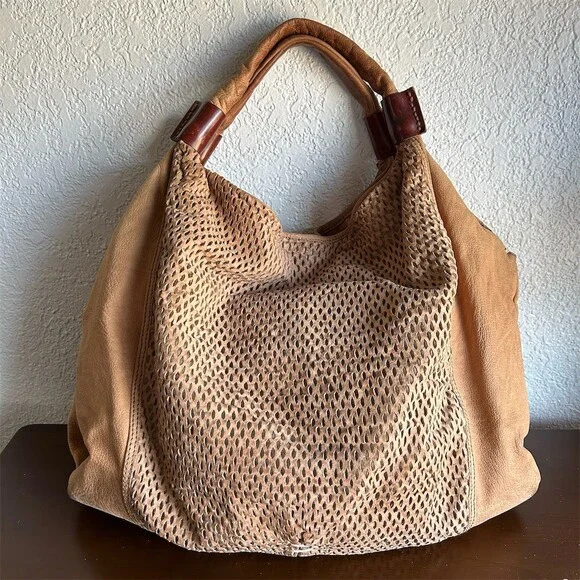 49 Square Miles Nubuck Leather Slouchy Hobo Shoulder Bag Perforated Tan Tote - Picture 4 of 14
